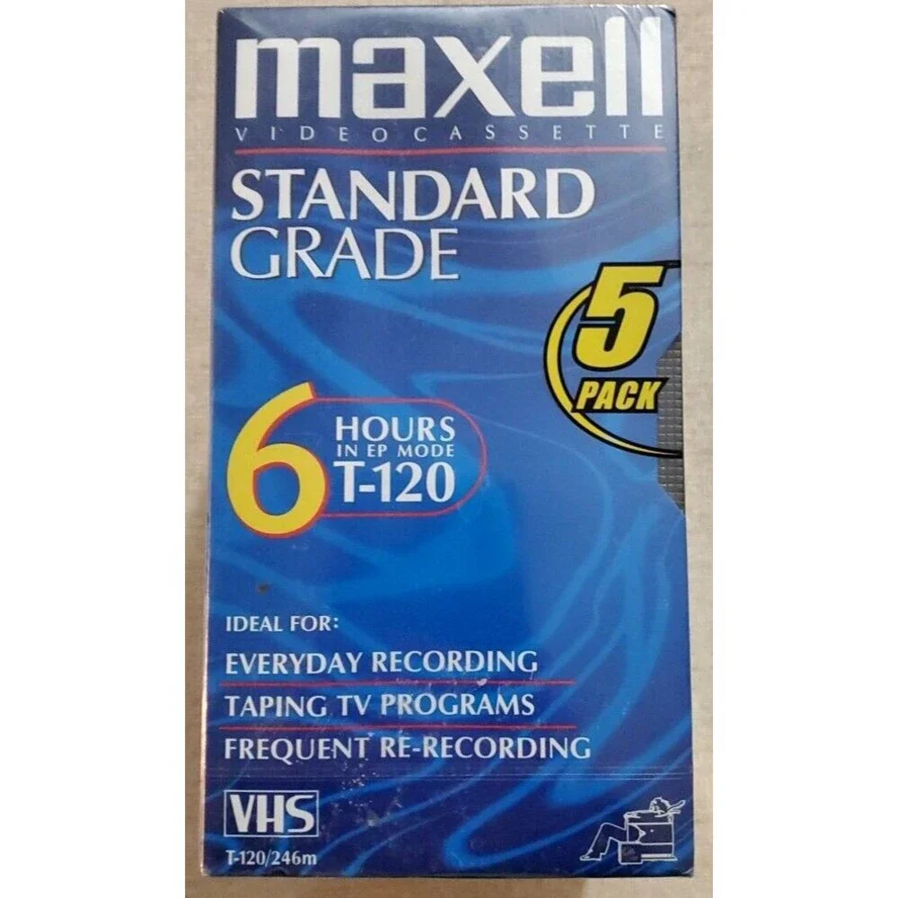 VHS T-120 Maxell Standard Grade Video Cassette Tapes 6 Hrs -5 pack- NEW in Cello